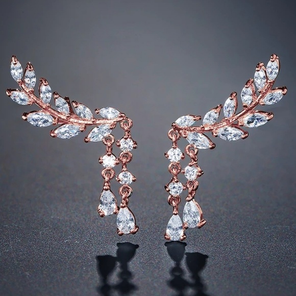 angel wings climber studs teardrop Jewelry - AAA CZ Rose Gold Color Copper Angel Wings